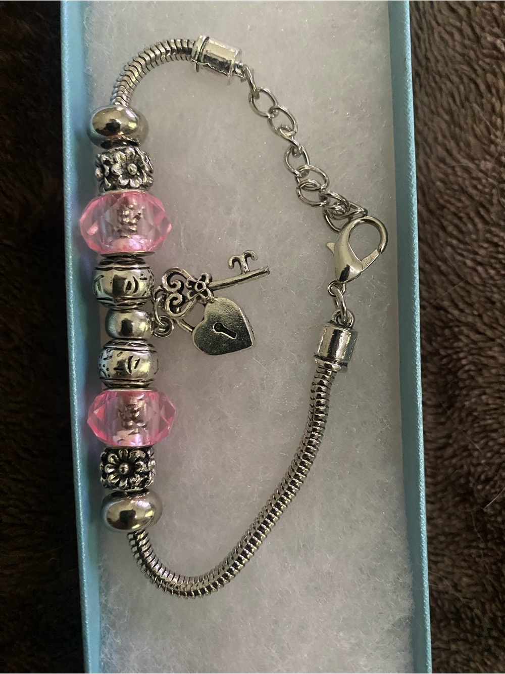 Silver Tone Bracelet with Pink Crystal Beads and Key Heart Charm